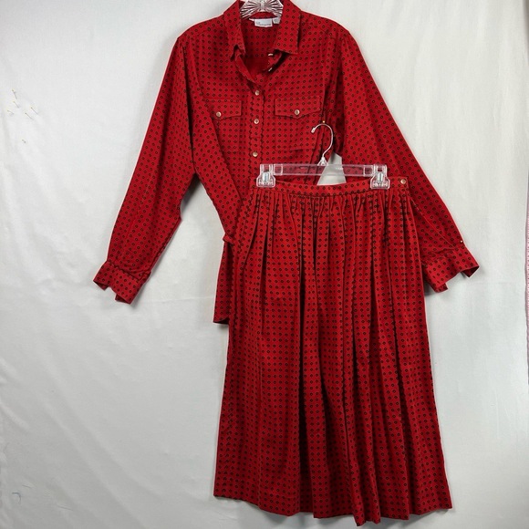 Vintage Liz Claiborne Skirt Blouse Womens 12 Red Polka Dot Pleated 2pc Secretary - Picture 1 of 16